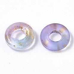 Lilas Perles européennes en verre transparent peint par pulvérisation, Perles avec un grand trou   , avec une feuille d'or, donut, lilas, 11x3mm, Trou: 4mm