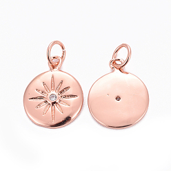 Rose Gold Brass Charms, with Cubic Zirconia, Flat Round with Sun, Clear, Rose Gold, 15x12x2mm, Hole: 3.5mm