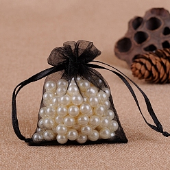 Black Organza Jewellery Storage Pouches, Wedding Favour Party Mesh Drawstring Gift Bags, Rectangle, Black, 9x7cm