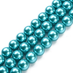 Deep Sky Blue Eco-Friendly Glass Pearl Beads Strands, Grade A, Round, Dyed, Cotton Cord Threaded, Deep Sky Blue, 12mm, Hole: 1.2~1.5mm, about 34pcs/strand, 15.7 inch