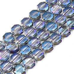 Aciano Azul Hebras de perlas de vidrio translúcido electrochapado, medio chapado, facetados, octágono, azul aciano, 7~8x7~8x4 mm, agujero: 1.2 mm, sobre 72 unidades / cadena, 20.47 pulgada (52 cm)