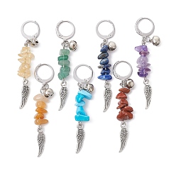 Mixed Stone Natural Gemstone Chips Pendant Decoration, with Alloy Wing and 304 Stainless Steel Leverback Charm, 56~59mm, 7pcs/set