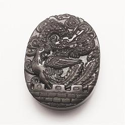 Obsidian Carved Natural Obsidian Pendants, Flat Oval with Dragon and Phoenix, 44x34x8~12mm, Hole: 1.5mm
