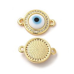 White Rack Plating Real 18K Gold Plated Brass Micro Pave Clear Cubic Zirconia Connector Charms, Flat Round with Evil Eye Links, with Handmade Lampwork, Cadmium Free & Lead Free, Long-Lasting, White, 18.5x13x4mm, Hole: 1.4mm