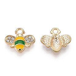 Green Golden Plated Alloy Enamel Charms, with Rhinestone, Bee Charm, Green, 12.5x14.5x2.5mm, Hole: 1.8mm