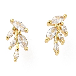 Real 18K Gold Plated Rack Plating Brass Leaf Stud Earrings with Cubic Zirconia, Lead Free & Cadmium Free, Real 18K Gold Plated, 13x7mm