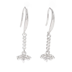 Platinum Rhodium Plated 925 Sterling Silver Earring Hooks, with Clear Cubic Zirconia, for Half Drilled Beads, Platinum, 29mm, 21 Gauge, Pin: 0.7mm and 0.8mm, Tray: 6.5x8mm