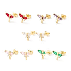 Mixed Color Brass Micro Pave Cubic Zirconia Stud Earring, Real 18K Gold Plated, Dragonfly, Mixed Color, 7.5x10mm, Pin: 1mm