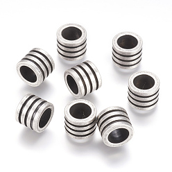 Antique Silver 304 Stainless Steel Beads, Large Hole Beads, Grooved Beads, Column, Antique Silver, 10x8mm, Hole: 6.5mm