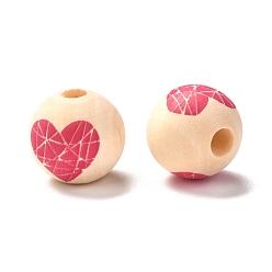 Blanched Almond Printed Wood European Beads, Large Hole Beads, Round with Heart Pattern, Blanched Almond, 16x15mm, Hole: 4mm
