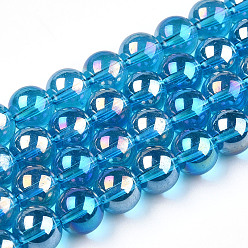 Bleu Ciel Foncé Plaquent verre transparent perles brins, de couleur plaquée ab , ronde, bleu profond du ciel, 9.5~10mm, Trou: 1.5mm, Environ 40~42 pcs/chapelet, 14.76~15.12 pouce (37.5~38.4 cm)