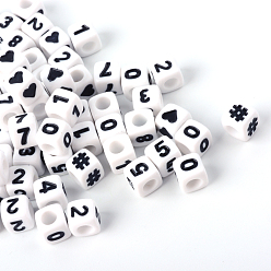 White Opaque Acrylic European Beads, Large Hole Beads, Cube with Number, White, 6x6x6mm, Hole: 4mm, about 3000pcs/500g