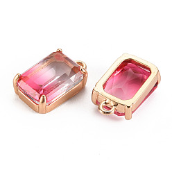 Deep Pink Gradient Color Glass Pendants, with Brass Prong Settings, Faceted, Rectangle, Light Gold, Deep Pink, 17x10x5.5mm, Hole: 1.6mm
