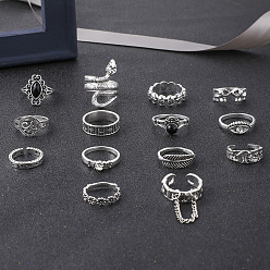 Antique Silver 14Pcs 14 Style Rhombus & Eye & Snake & Elephant & Feather & Yoga Theme Rhinestone Finger Rings Set, Alloy Jewelry for Women, Antique Silver, Inner Diameter: 15~18mm, 1Pc/style