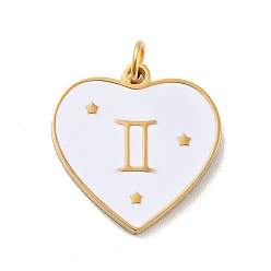 Gemini Vacuum Plating 304 Stainless Steel Pendants, with Jump Rings and Enamel, Heart, Golden, Gemini, 15x15x1.5mm, Hole: 2.8mm