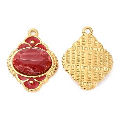 FireBrick Enamel Pendants, with 304 Stainless Steel Finding and Acrylic Cabochon, Real 18K Gold Plated, Rhombus Charm, FireBrick, 24.5x18.5x5.5mm, Hole: 1.5mm