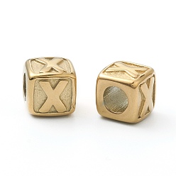 Letter X 304 Stainless Steel European Beads, Large Hole Beads, Horizontal Hole, Cube with Letter, Golden, Letter.X, 8x8x8mm, Hole: 4mm