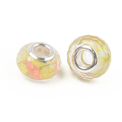 Champagne Yellow Resin European Beads, Large Hole Beads, with Silver Color Plated Brass Cores, Faceted, Rondelle, Champagne Yellow, 14x9mm, Hole: 5mm