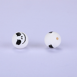 Blanco Cuentas focales de silicona redondas impresas con patrón fantasma, blanco, 15x15 mm, agujero: 2 mm