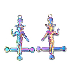 Rainbow Color 304 Stainless Steel Pendants, Cross with Baphomet Charm, Rainbow Color, 43x27x2mm, Hole: 3mm
