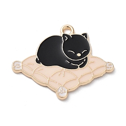 Negro Colgantes de la aleación del esmalte, la luz de oro, colgante de gato con manta, negro, 24x30x1.5 mm, agujero: 1.6 mm