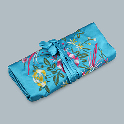 Темно-Голубой Прямоугольные шелковые пакеты на молнии в стиле ретро, сумки для хранения ювелирных изделий с вышивкой и цветами с веревкой на шнурке, глубокое синее небо, 20x9 см, открытый: 27x20 см