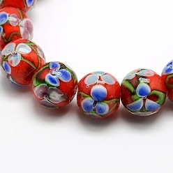 Red Handmade Inner Flower Lampwork Round Beads Strands, Red, 11x12mm, Hole: 2mm, about 33pcs/strand, 14.17 inch