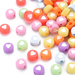 Mixed Color Opaque Acrylic Beads, Flat Round with Heart, Mixed Color, 7x4mm, Hole: 1.5mm, about 3700pcs/500g