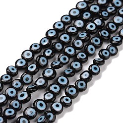 Black Handmade Lampwork Beads, Flat Round with Evil Eye, Black, 4.5x2.5mm, Hole: 0.6mm, about 90~100pcs/strand, 15.35''~15.75''(39~40cm)