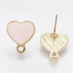Pink Alloy Stud Earring Findings, with Loop, Raw(Unplated) Pins and Enamel, Heart, Light Gold, Pink, 12x10.5mm, Hole: 1.5mm, Pin: 0.7mm