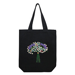 Colorful DIY Flower Pattern Black Canvas Tote Bag Embroidery Kit, including Embroidery Needles & Thread, Cotton Fabric, Plastic Embroidery Hoop, Colorful, 390x340x100mm