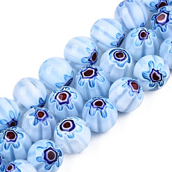 Bleu Ciel Clair Brins de perles en verre de millefiori faites à la main, ronde avec motif de fleurs, lumière bleu ciel, 10mm, Trou: 1.2mm, Environ 36~38 pcs/chapelet, 13.78 pouces~14.88 pouces (35cm~37.8cm)