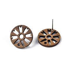 Tan Walnut Wood Stud Earring Findings, with 316 Stainless Steel Pin and Hole, Flat Round with Flower, Tan, 17.5mm, Hole: 1.8mm, Pin: 0.7mm