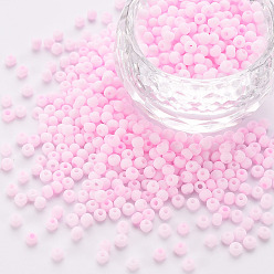 Rose Nacré 8/0 opaques perles de rocaille de verre, trou rond, dépoli couleurs, ronde, perle rose, 3~4x2~3mm, Trou: 0.8mm, environ 15000 pcs / livre