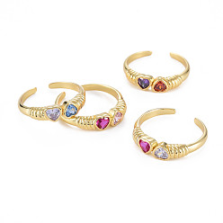 Mixed Color Brass Micro Pave Colorful Cubic Zirconia Cuff Rings, Open Rings, Nickel Free, Heart, Real 16K Gold Plated, Mixed Color, US Size 7 1/4(17.5mm)