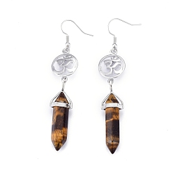 Tiger Eye Pointed Bullet Natural Tiger Eye Dangle Earrings, with Brass Earring Hooks and Flat Round with Aum/Om Symbol Links, Yoga Theme, Platinum, 78mm, Pin: 0.7mm