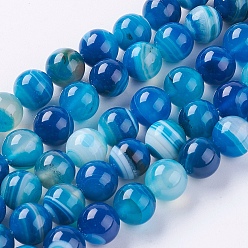 Royal Blue Natural Striped Agate/Banded Agate Beads Strands, Dyed, Round, Royal Blue, 10mm, Hole: 1.2mm, about 38pcs/strand, 15.75 inch