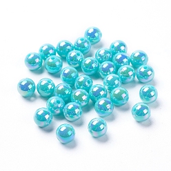 Cyan Perles acryliques de poly styrène respectueuses de l'environnement, de couleur plaquée ab , ronde, cyan, 10mm, trou: 2 mm, environ 980 pcs / 500 g