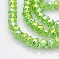 Verde Claro Ab recubierto de color facetado rondelle electrochapa cuentas de vidrio hebras, verde claro, 6x4 mm, agujero: 1 mm, sobre 85 unidades / cadena, 16 pulgada