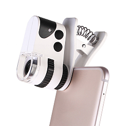 White ABS Plastic High Magnification Clear Magnifier Mobile Phone Clip, with Acrylic Optical Lens and LED Light, For USB Charging, White, 6.5x7x2.6cm, Magnification: 60X