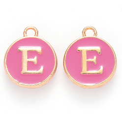 Letter E Golden Plated Alloy Enamel Charms, Cadmium Free & Lead Free, Enamelled Sequins, Flat Round with Letter, Camellia, Letter.E, 14x12x2mm, Hole: 1.5mm