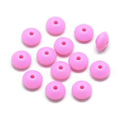 Hot Pink Food Grade Eco-Friendly Silicone Beads, Chewing Beads For Teethers, DIY Nursing Necklaces Making, Rondelle, Hot Pink, 12x6~7mm, Hole: 2mm