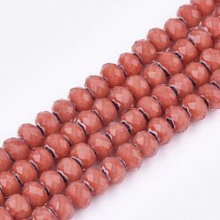 Tomato Glass Beads Strands, Faceted, Rondelle with Flower, Tomato, 7.5~8x5.5mm, Hole: 1~1.5mm, about 74pcs/strand, 16.1 inch