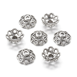 Antique Silver Tibetan Style Alloy Bead Caps, Cadmium Free & Nickel Free & Lead Free, Flower, Antique Silver, 11x5mm, Hole: 1.5mm
