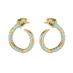 Light Blue Cubic Zirconia Snake Stud Earrings with Enamel, Golden Plated Brass Jewelry for Women, Light Blue, 20.5x17mm