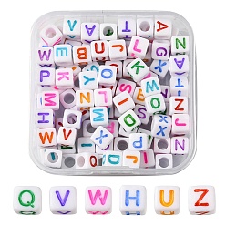 White 100Pcs Acrylic Beads, Horizontal Hole, Cube with Mixed Color Letter, White, 6x6x6mm, Hole: 3mm, about 2600pcs/500g
