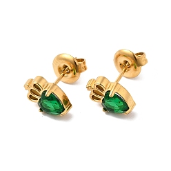 Helecho Verde Corazón de diamantes de imitación con aretes de corona, real 14 k chapado en oro 304 joyas de acero inoxidable para mujer, verde helecho, 9.5x6.5 mm, pin: 0.8 mm