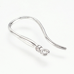 Real Platinum Plated Brass Earring Hooks, Real Platinum Plated, with Cubic Zirconia and Horizontal Loop, Lead Free & Cadmium Free, 19.5x2x9.5mm, Hole: 1mm, 18 Gauge, Pin: 1mm