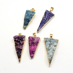 Natural Agate Plated Natural Druzy Agate Triangle Pendants, with Light Gold Plated Brass Findings, 35~47x13~25x7~18mm, Hole: 6x5mm
