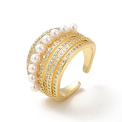 Real 18K Gold Plated Clear Cubic Zirconia Multi Line Open Cuff Ring with Plastic Pearl Beaded, Brass Jewelry for Women, Cadmium Free & Lead Free, Real 18K Gold Plated, Inner Diameter: 18mm